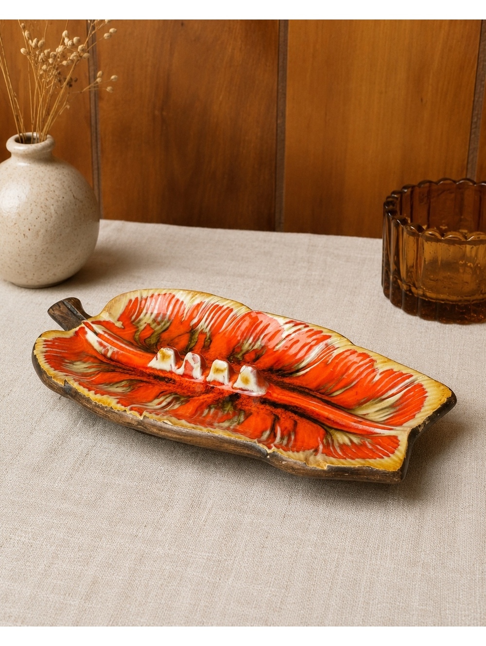 Vintage Orange Leaf Ashtray 1963 Treasure Craft No 27 Mid Century Pottery USA